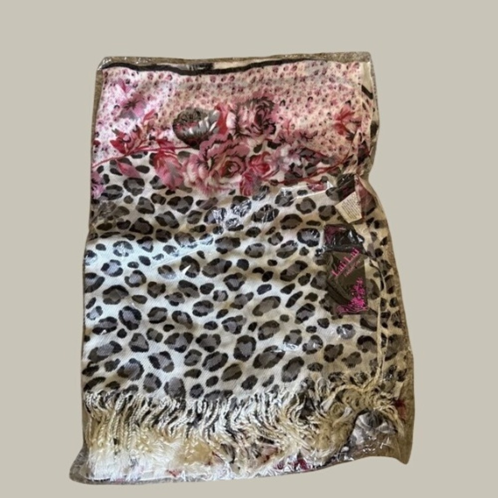 Lai Lai Floral Leopard Scarf Pink Gray Mixed Print Fringe Trim Romantic Wrap NWT